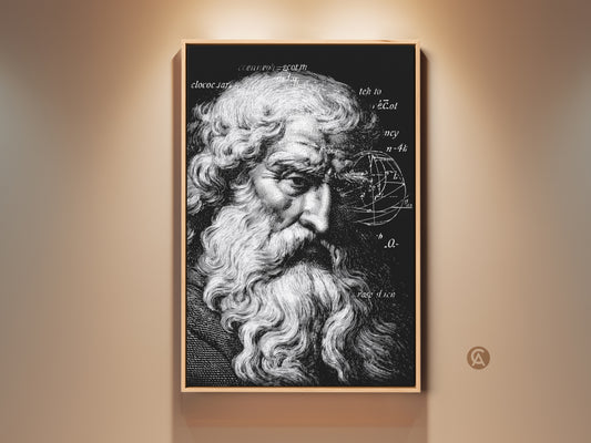 Framed vintage philosopher art print. This scholar portrait engraving features black and white historical science decor. This traditional artwork is perfect for a study. It complements traditional home styles.