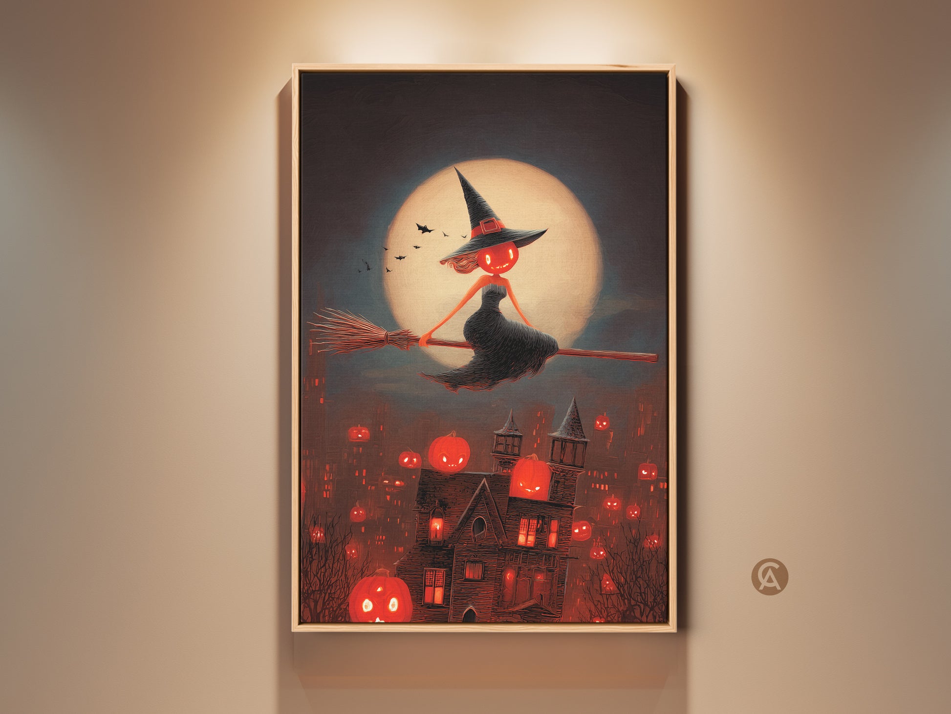 Framed dark fantasy art print. Gothic Halloween witch soars over haunted town. Jack-o-lantern art provides spooky home decor on canvas. Red orange and black art evokes an eerie Halloween vibe. Great entryway witch decor.
