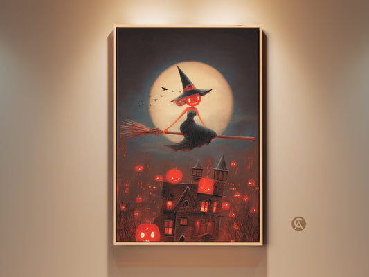 Framed dark fantasy art print. Gothic Halloween witch soars over haunted town. Jack-o-lantern art provides spooky home decor on canvas. Red orange and black art evokes an eerie Halloween vibe. Great entryway witch decor.