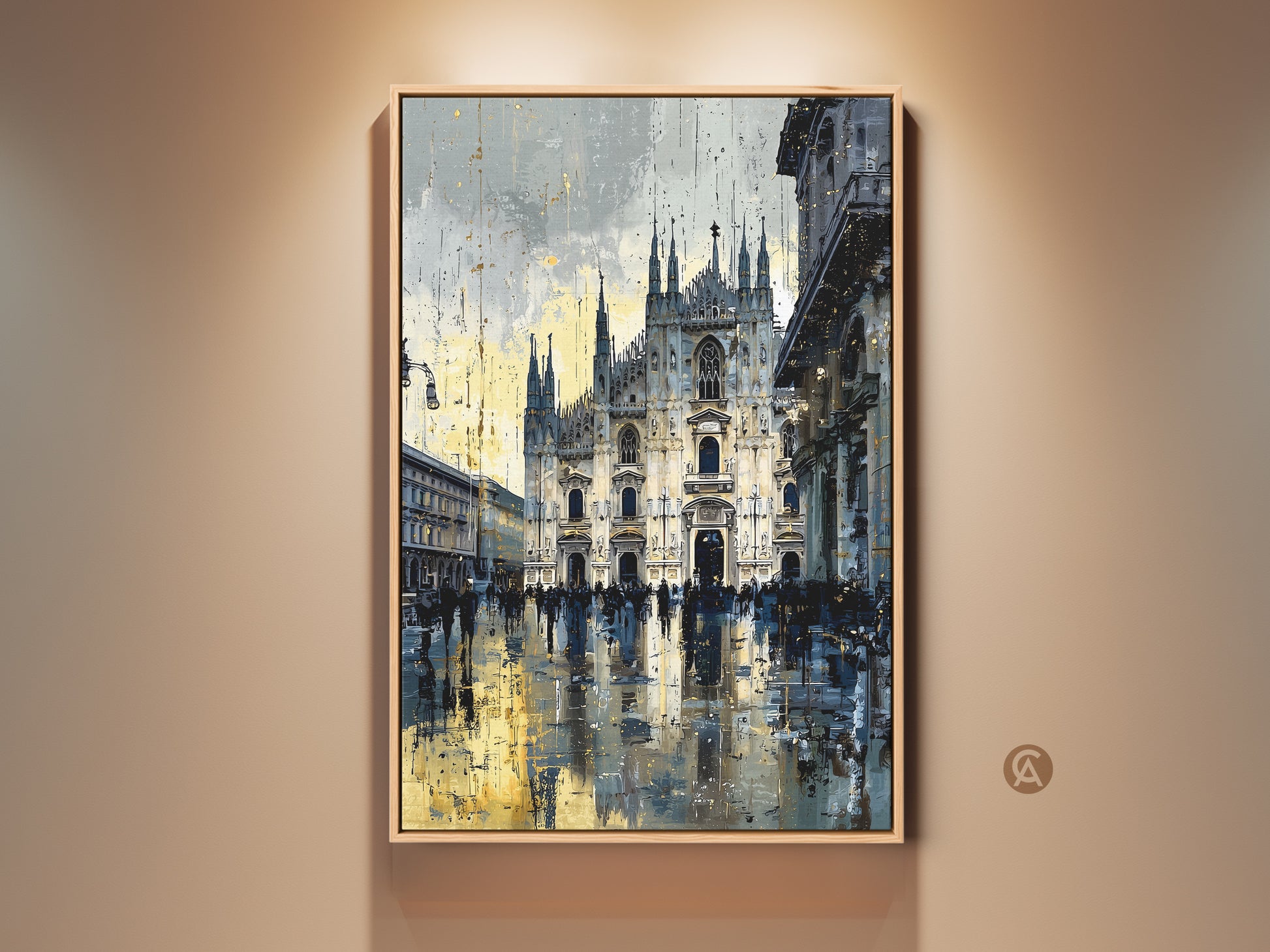 Framed urban cityscape canvas print. Features the Milan Cathedral artwork in blue yellow and gray tones. A contemporary street scene adds artistic flair. Ideal wall art for modern homes or offices. Enhance your space with this fine art city print.