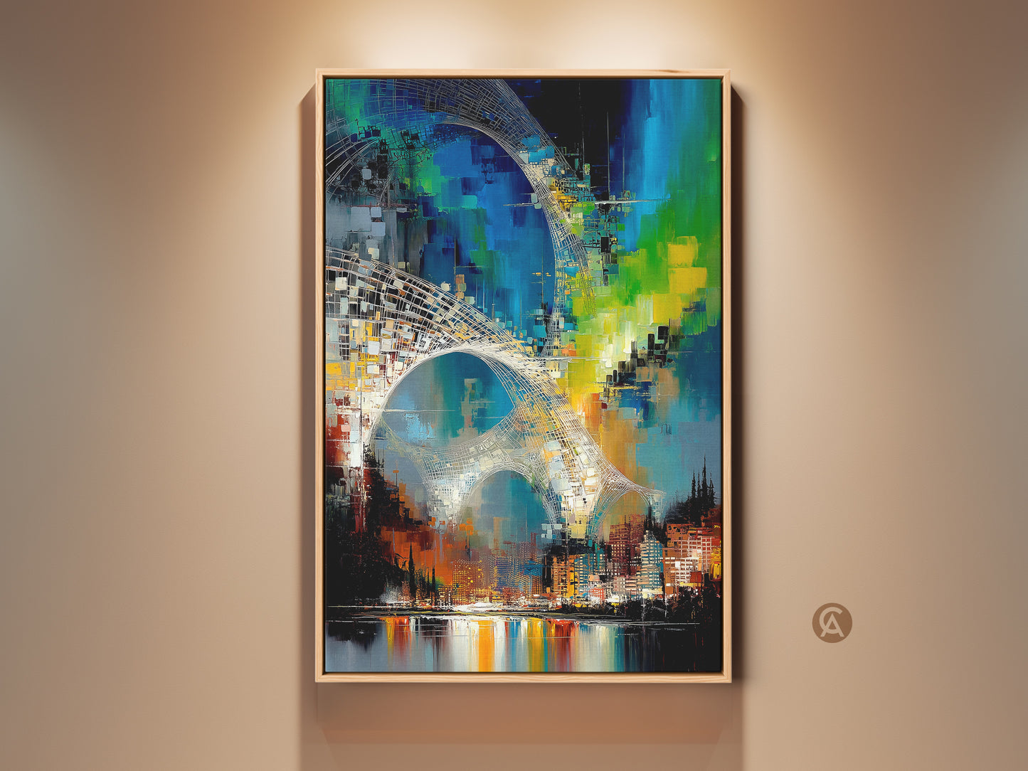 Framed abstract cityscape art reflecting teal skyline. This modern canvas art is an excellent piece of contemporary office wall decor. Perfect as a gift for urban dwellers who appreciate city lights reflection art and upscale urban decor. The modern artwork enhances any living space.