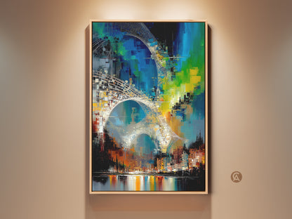 Framed abstract cityscape art reflecting teal skyline. This modern canvas art is an excellent piece of contemporary office wall decor. Perfect as a gift for urban dwellers who appreciate city lights reflection art and upscale urban decor. The modern artwork enhances any living space.