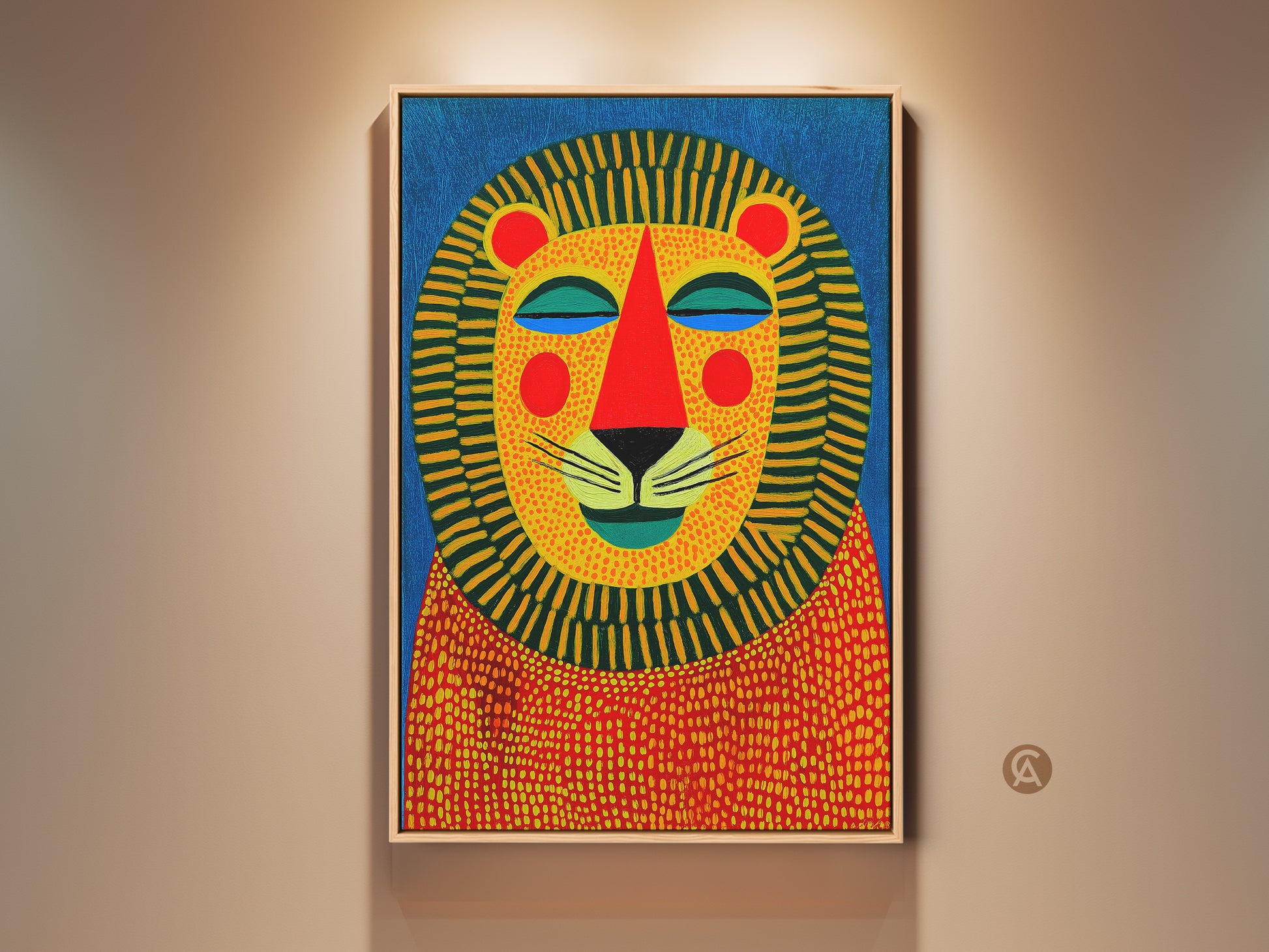 Framed colorful lion art print on display. This geometric animal face wall art is perfect for a kid's room. The folk art style uses blue yellow and orange hues. Enhance your home with this unique piece.