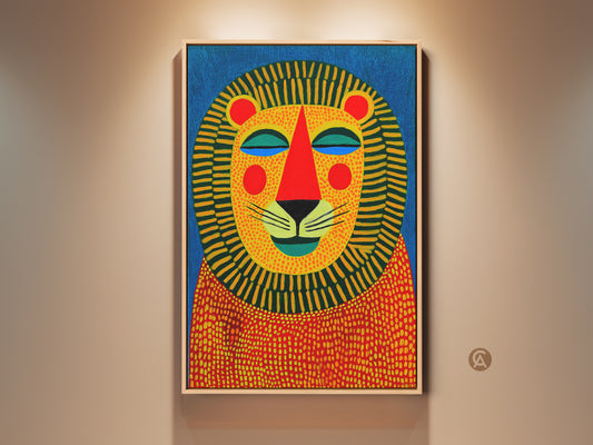 Framed colorful lion art print on display. This geometric animal face wall art is perfect for a kid's room. The folk art style uses blue yellow and orange hues. Enhance your home with this unique piece.