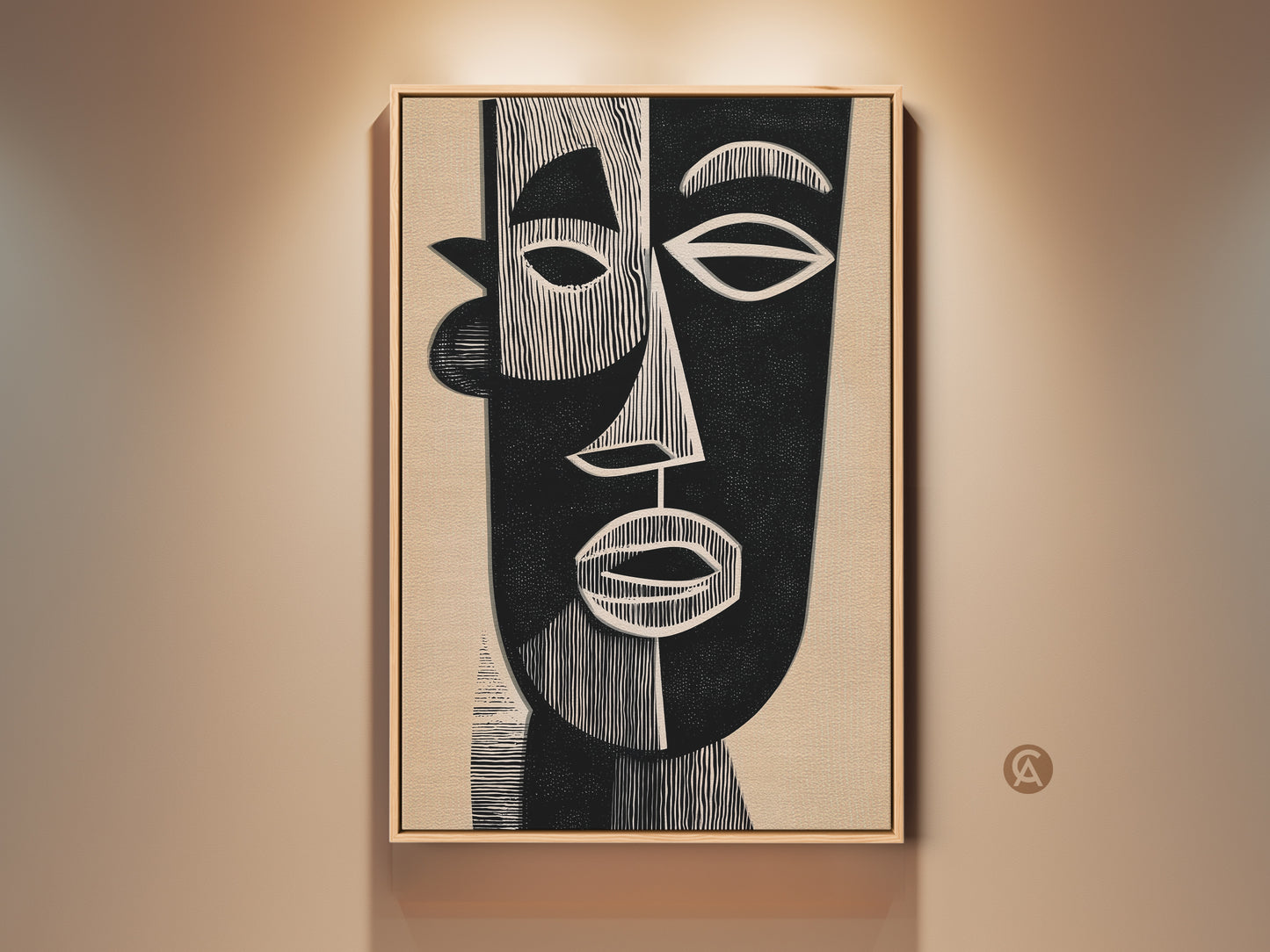 Elevate your space with this Mid-Century Modern abstract face canvas print. It features a black and beige Bauhaus style. This figurative portrait artwork adds a minimalist touch to any entryway. The framed neutral palette artwork is perfect for art lovers. It is a contemporary piece with geometric face elements.