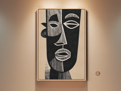 Elevate your space with this Mid-Century Modern abstract face canvas print. It features a black and beige Bauhaus style. This figurative portrait artwork adds a minimalist touch to any entryway. The framed neutral palette artwork is perfect for art lovers. It is a contemporary piece with geometric face elements.