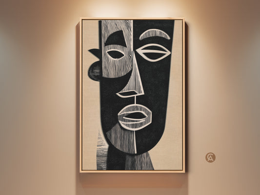 Elevate your space with this Mid-Century Modern abstract face canvas print. It features a black and beige Bauhaus style. This figurative portrait artwork adds a minimalist touch to any entryway. The framed neutral palette artwork is perfect for art lovers. It is a contemporary piece with geometric face elements.