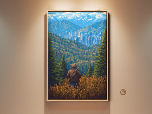 A framed pixel art cityscape canvas print hangs on a wall. The artwork features a retro mountain landscape. The art is perfect for office decor or as a unique travelers gift.  The artwork blends blue and green nature elements. It is a captivating piece for art enthusiasts.