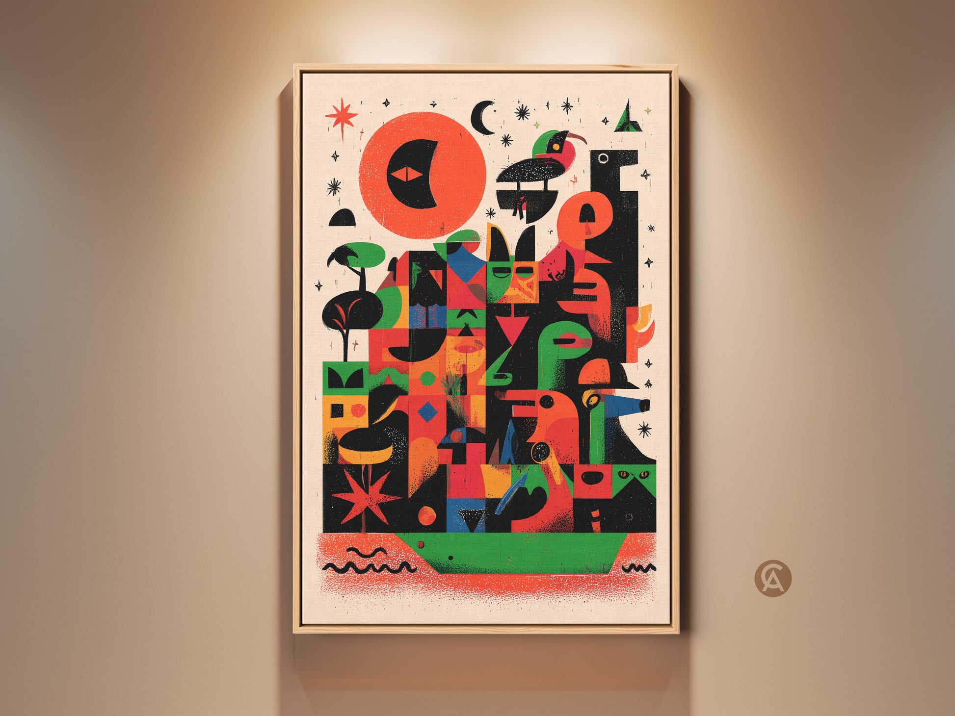 Framed colorful abstract artwork featuring geometric birds and sun motifs. This mid-century modern folk art print in red orange and green adds an eclectic touch to any space. Perfect for living rooms entryways and offices this unique wall hanging brings a vibrant artistic flair. An ideal housewarming gift for art lovers.