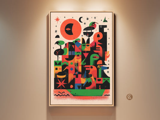 Framed colorful abstract artwork featuring geometric birds and sun motifs. This mid-century modern folk art print in red orange and green adds an eclectic touch to any space. Perfect for living rooms entryways and offices this unique wall hanging brings a vibrant artistic flair. An ideal housewarming gift for art lovers.