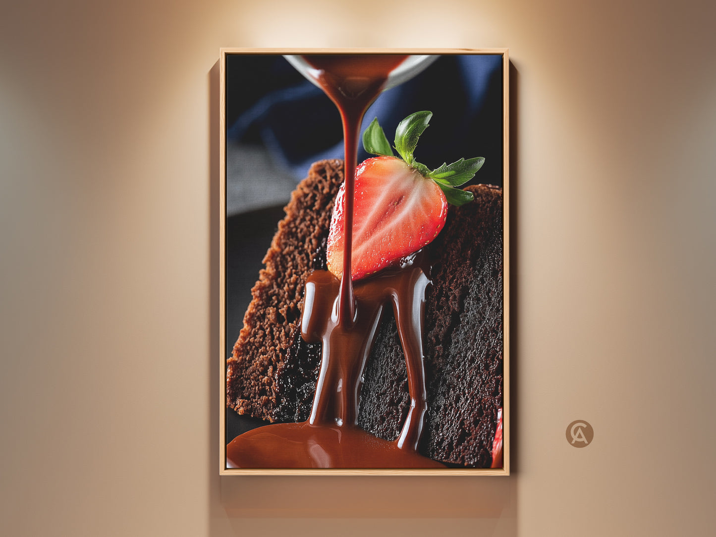 Framed gourmet chocolate cake and strawberry art print. It features rich chocolate drip canvas wall art. Perfect kitchen and dining decor. This food photography is contemporary and indulgent.