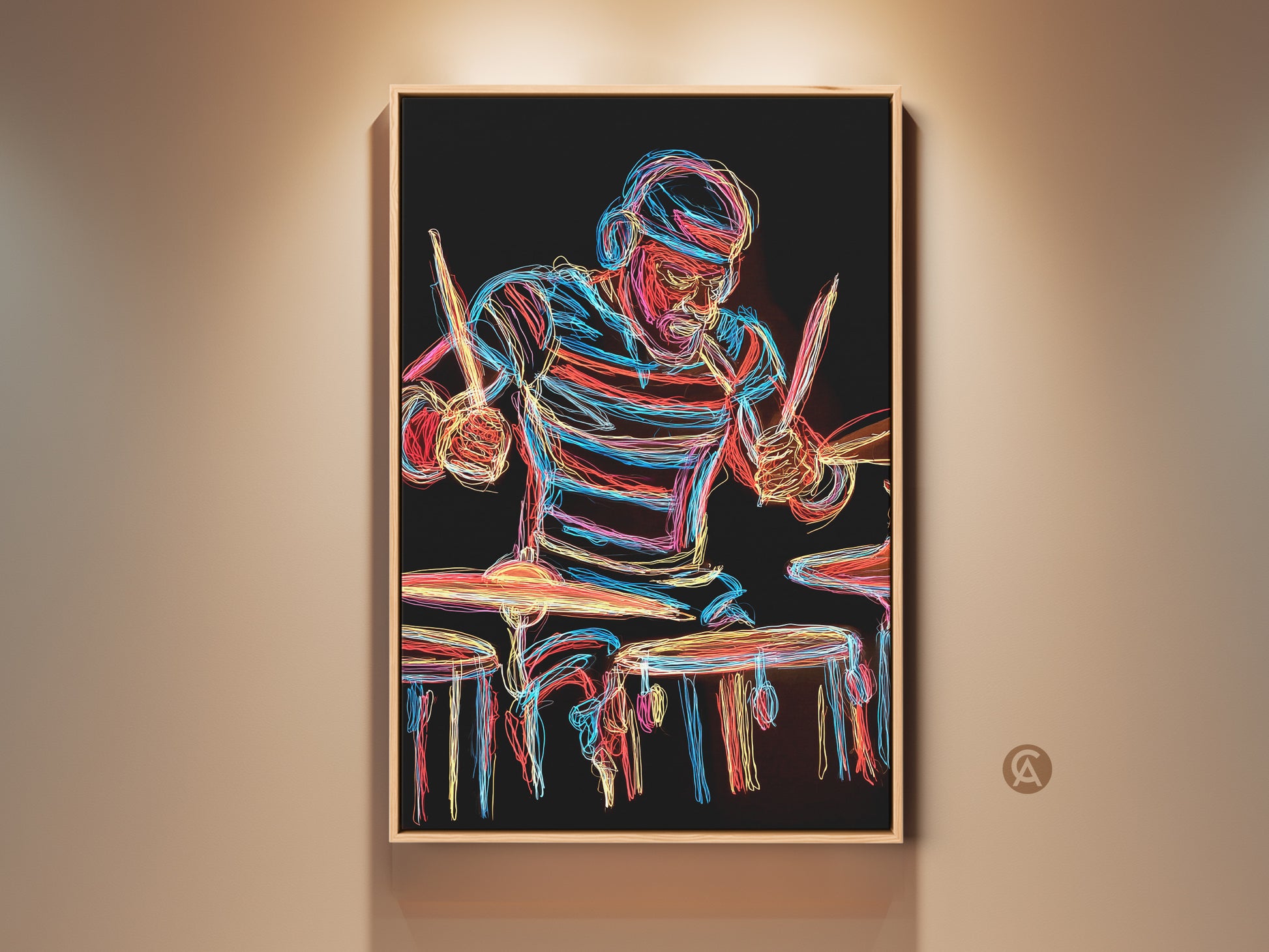 Framed Neon Drummer Art Print. Abstract line art shows music and rhythm. This contemporary piece makes a bold statement on any wall. The red blue and yellow artwork would be a unique gift for music lovers.