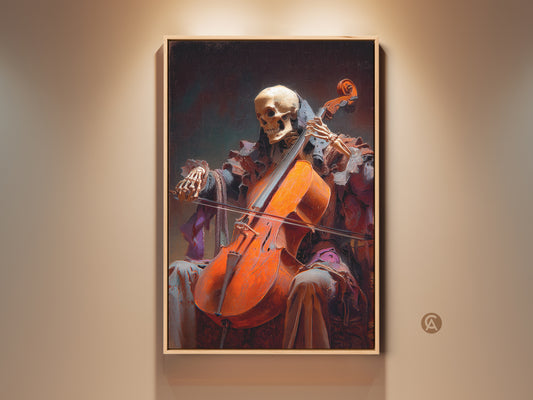 Close-up of skeleton cello artwork. Gothic music wall decor in burnt orange and deep red. A macabre canvas print. Perfect Halloween art gift. Ideal for eclectic spaces.