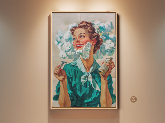 Vintage shaving cream ad artwork. A woman smiles with shaving cream on her face. She holds a razor and shaving cream can. The artwork has a retro style. Display this fun artwork in your home.