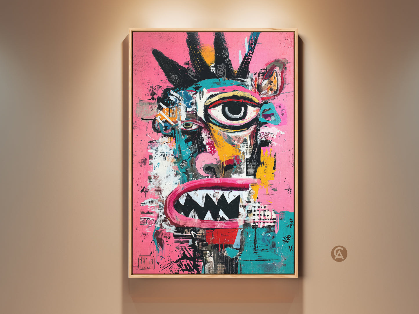 Discover captivating wall art. The artwork features an abstract face with a mohawk. The color palette includes pink black and turquoise. This contemporary art print adds a bold statement. The art is perfect for modern spaces. Shop now for unique art.