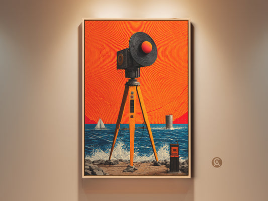 Elevate your space with this Retro Futurism Wall Art. The surreal seascape features surveying equipment and a sailboat.  Its orange and blue canvas print offers an eclectic home decor touch. Ideal office wall art or a unique retro collector gift vintage style.