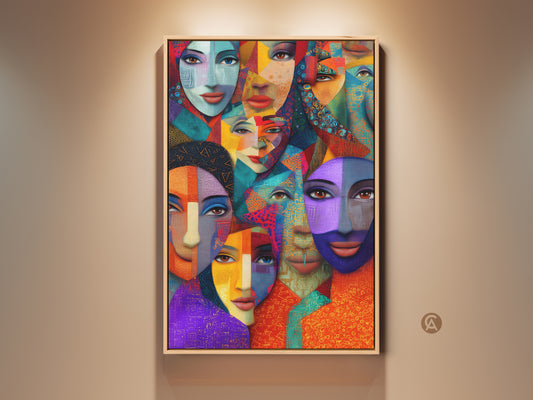 A framed canvas displays an abstract faces collage. This contemporary portrait art features a rich palette of orange purple and teal. This eclectic wall art makes a great housewarming gift. The modern entryway decor adds artistic flair. A unique statement artwork for any room.