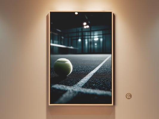 Framed view of a padel tennis ball on the court. The artwork is illuminated by a spotlight. This sports art piece brings the energy of the game indoors. Perfect for a modern home or sports enthusiast. Buy this unique framed artwork today.
