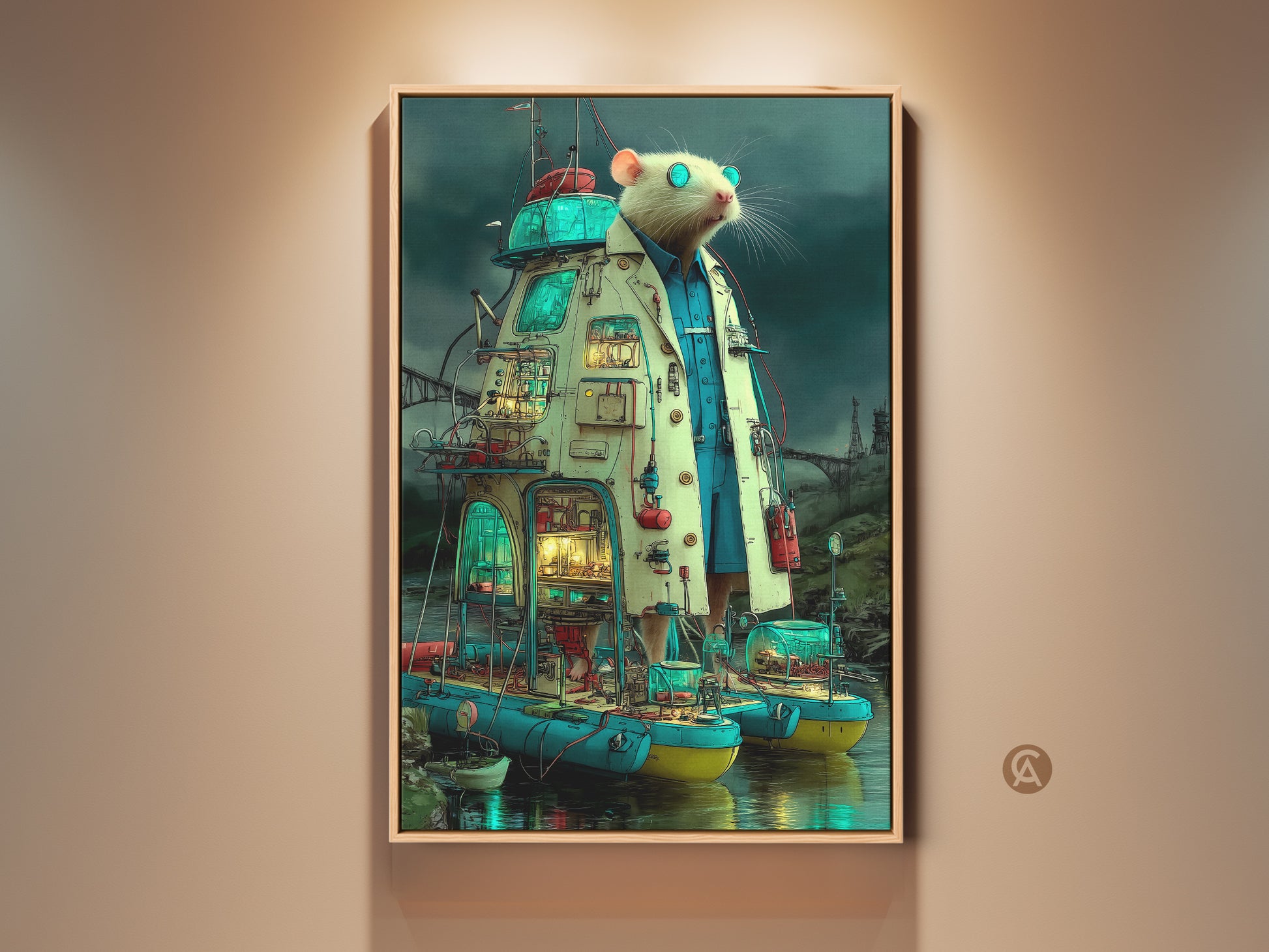 A surreal Steampunk Lab Rat Scientist Canvas Art. The steampunk animal wall decor is rendered in blue teal and cream. It's a unique office print. This would be a great gift for engineers.