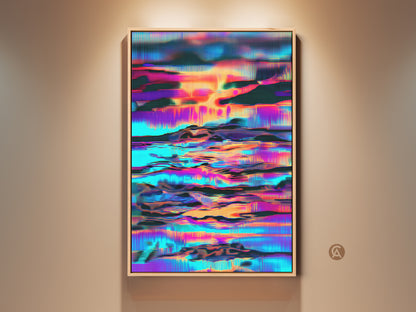 Framed modern abstract art print with a glitch skyline landscape. The artwork features cyan orange and purple hues. This digital canvas wall art is perfect for adding a contemporary touch to a bedroom or office space. The frame enhances the vibrant colors of this unique visual art piece.