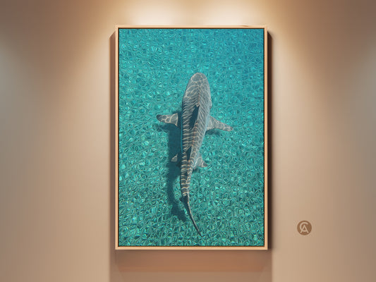 Framed coastal wall art featuring a shark swimming in turquoise ocean waters. This teal blue shark print brings an underwater wildlife scene to any space. Perfect scuba diver gift or ocean lover present. This oceanic wildlife decor complements coastal and wildlife themes. The artwork enhances entryway wall art with its photorealistic shark.
