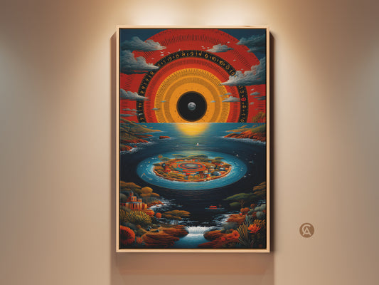 Framed surreal island wall art on display. The artwork features an abstract time dial canvas. It also showcases a crimson and deep blue print. It serves as unique office landscape artwork. This item makes a unique travel enthusiast gift idea.