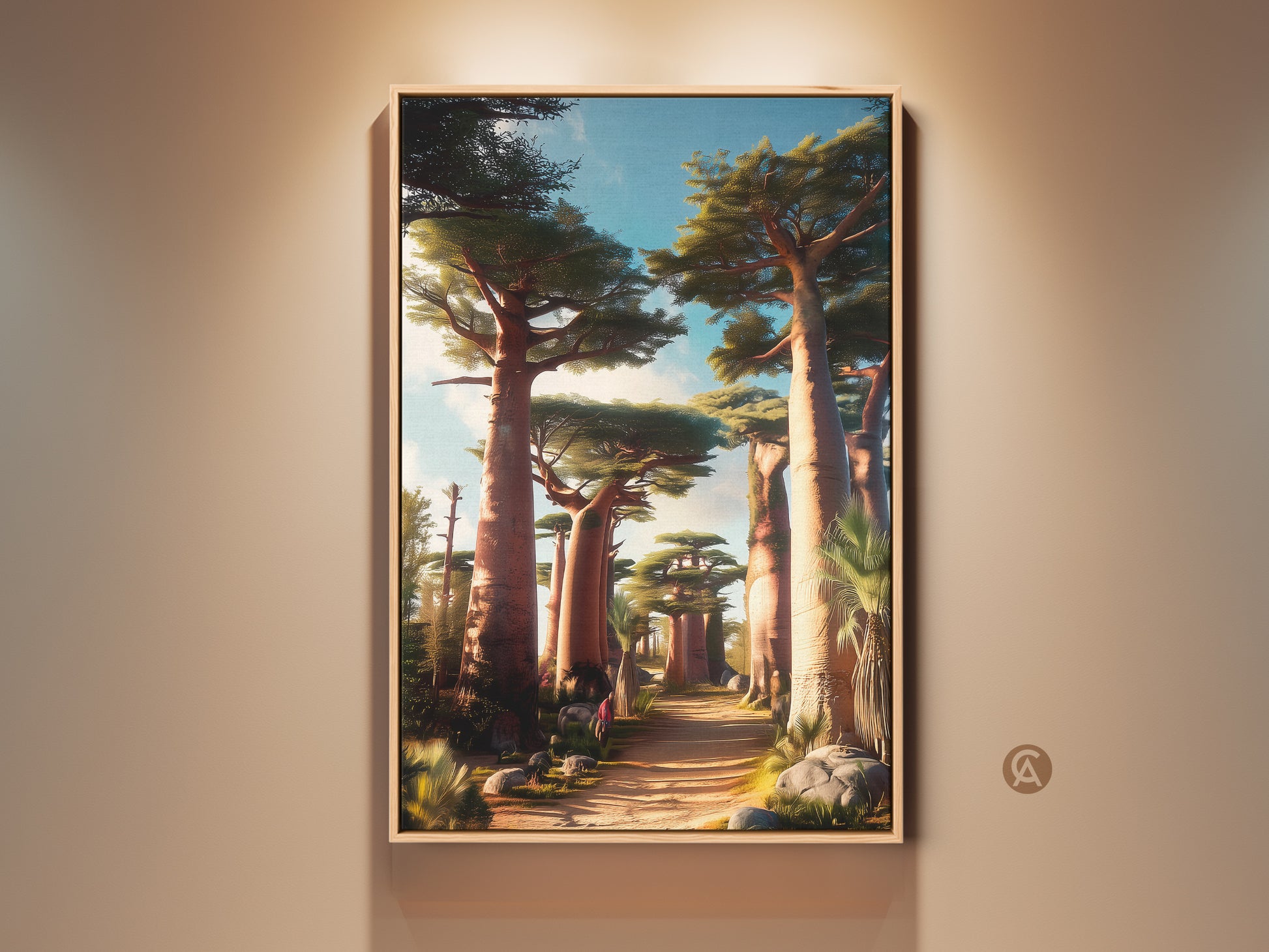 Framed boho baobab tree art print showcases an African savanna landscape. Earthy tones bring nature indoors. This travel gift features a scenic forest with a green and blue sky. The artwork enhances boho bedroom decor. It is a botanical savanna wall art piece.