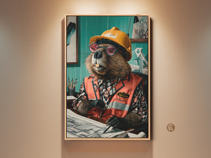 Charming beaver art print. This office wall decor is perfect for engineers and architects. He wears a hard hat and orange safety vest. A funny office decor print for animal lovers. The teal background artwork will brighten any space.