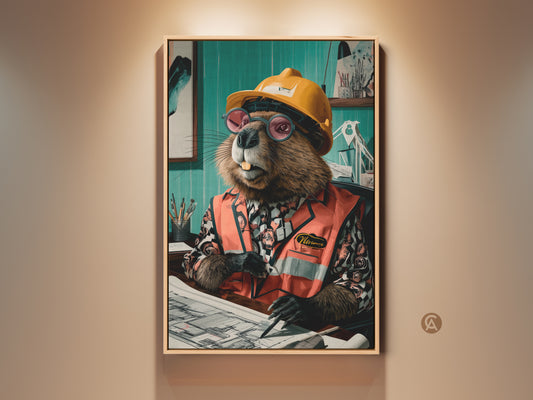 Charming beaver art print. This office wall decor is perfect for engineers and architects. He wears a hard hat and orange safety vest. A funny office decor print for animal lovers. The teal background artwork will brighten any space.