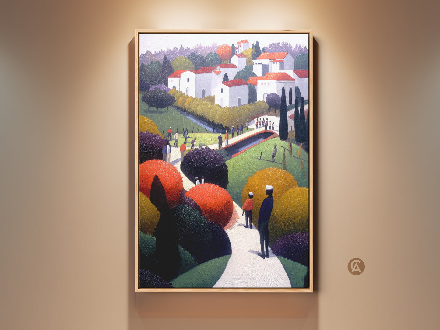 Folk art village print in a light wood frame. This naive landscape wall art features a red and green color palette. An eclectic decor piece perfect as a housewarming gift for travelers.