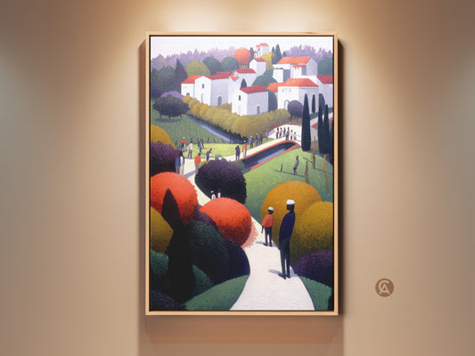 Folk art village print in a light wood frame. This naive landscape wall art features a red and green color palette. An eclectic decor piece perfect as a housewarming gift for travelers.