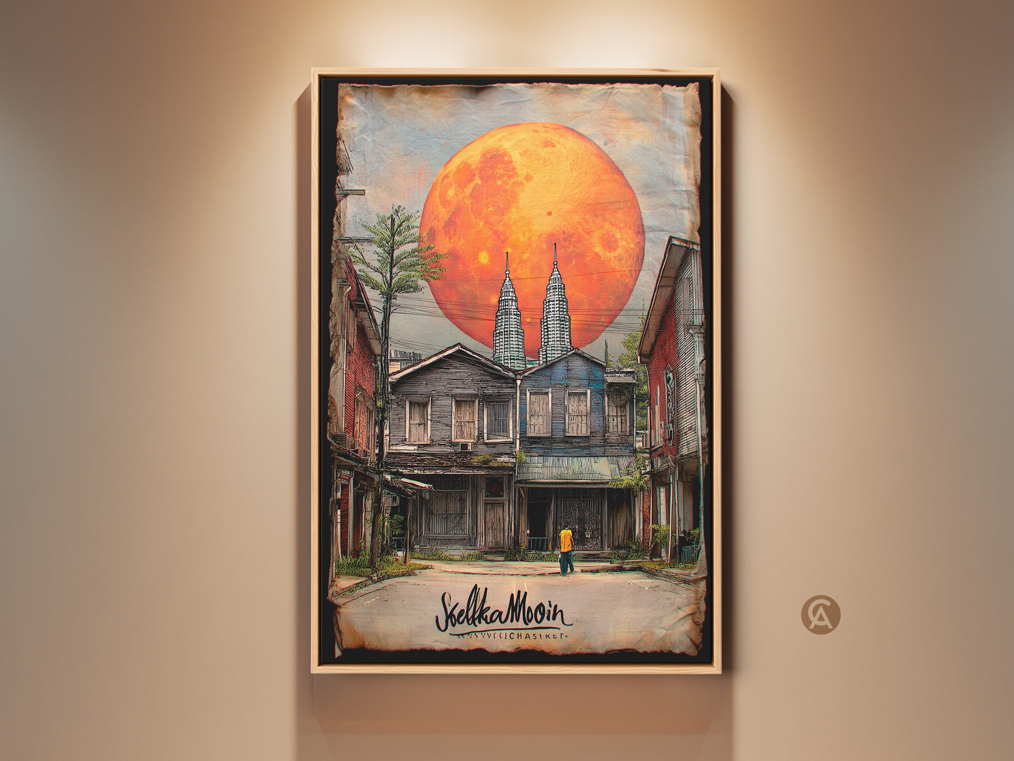 A surreal cityscape Art Print featuring an orange moon. Twin Towers rise above rustic old buildings. This digital fantasy art brings an eclectic touch to bedroom decor. Perfect travel gift for unique home decor. The red orange gray palette adds intrigue.