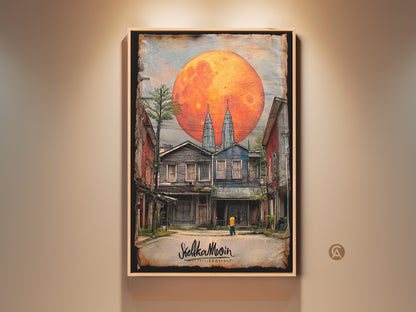 A surreal cityscape Art Print featuring an orange moon. Twin Towers rise above rustic old buildings. This digital fantasy art brings an eclectic touch to bedroom decor. Perfect travel gift for unique home decor. The red orange gray palette adds intrigue.