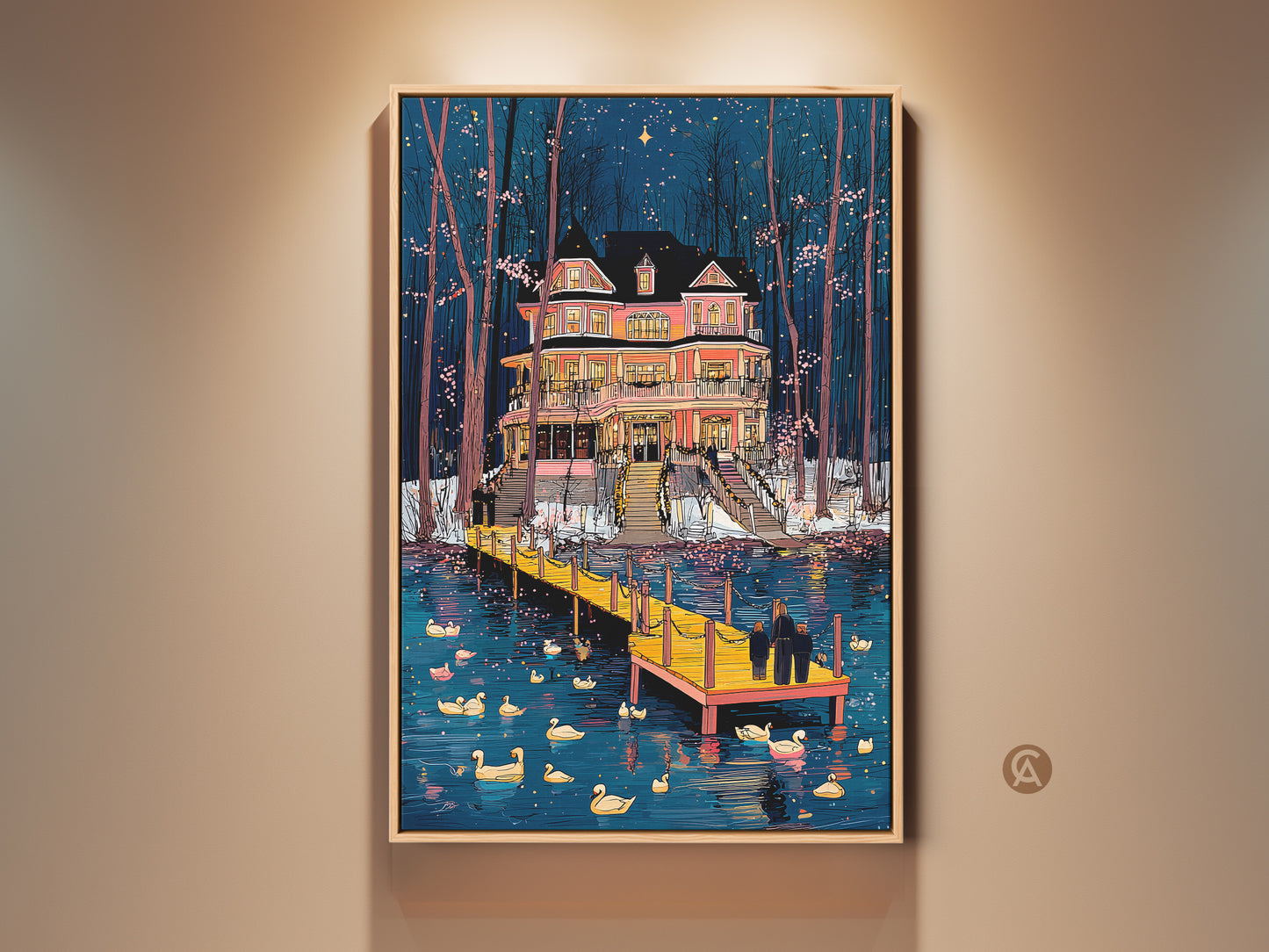 Framed Blue Pink Sunset Art Print of Victorian Mansion & Duck Lake. This eclectic wall decor is perfect coastal home gift. Discover the charm of this housewarming art piece. A delightful scene of a mansion by the lake at night.