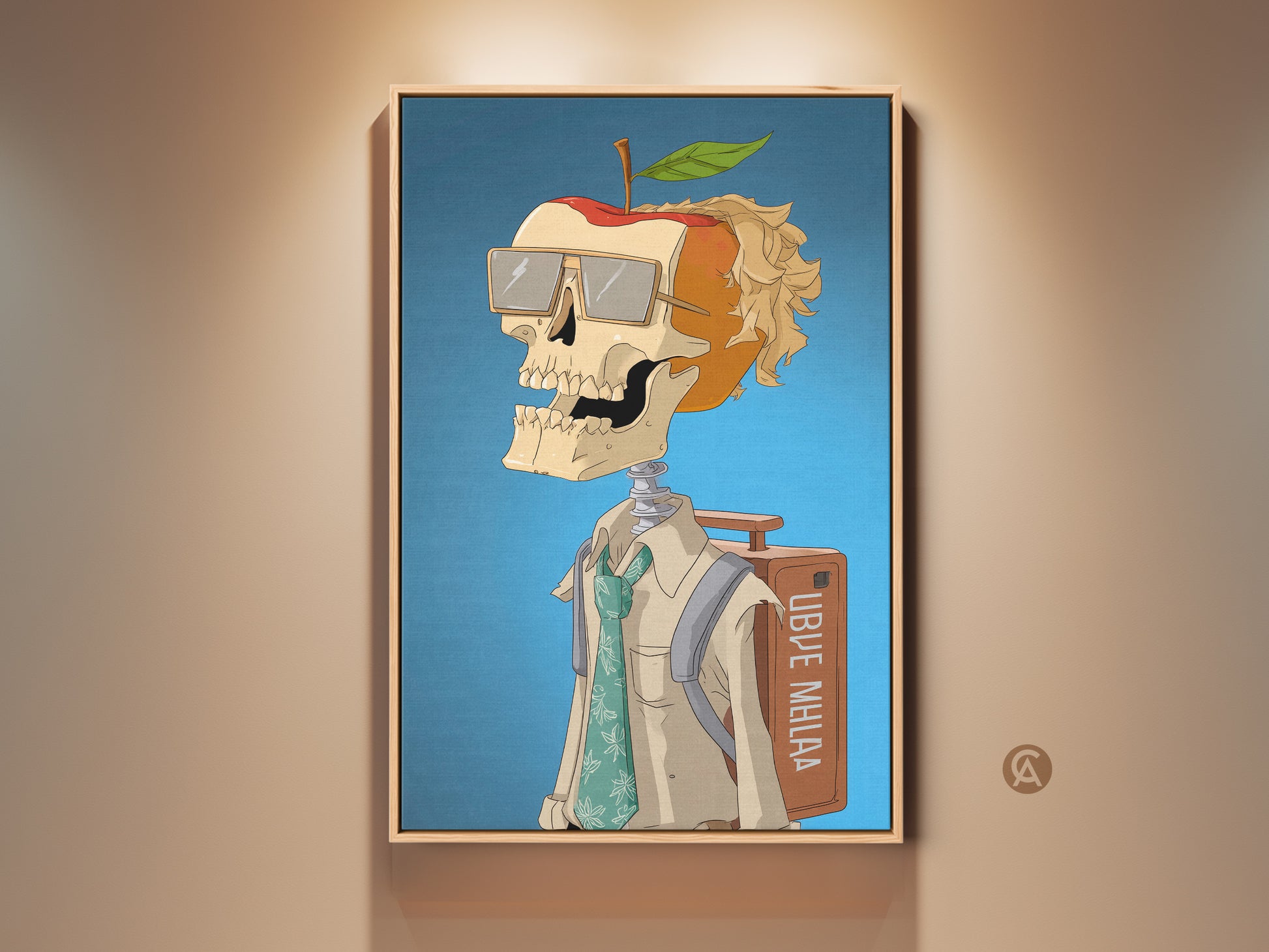 Framed artwork of a skeleton apple head. This unique art piece features a skeleton with an apple for a head wearing glasses. The artwork is framed in a natural wood tone and adds a modern art feel to any space.