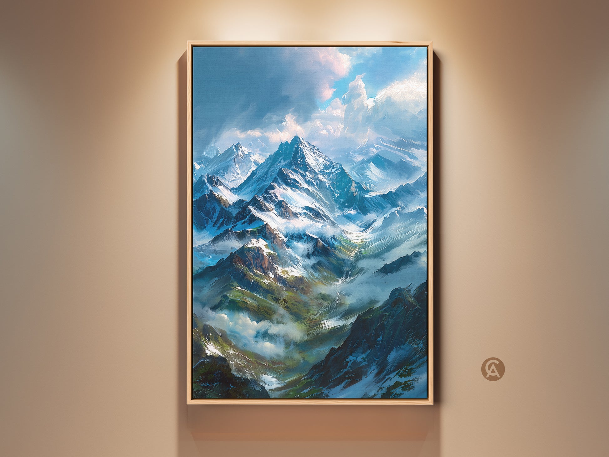 Framed mountain landscape artwork showcases snow-capped peaks. The oil painting style art features a light wood floating frame. A beautiful piece of wall art ready to hang and enhance your living space.