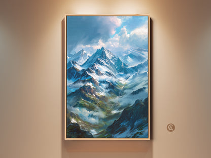 Framed mountain landscape artwork showcases snow-capped peaks. The oil painting style art features a light wood floating frame. A beautiful piece of wall art ready to hang and enhance your living space.