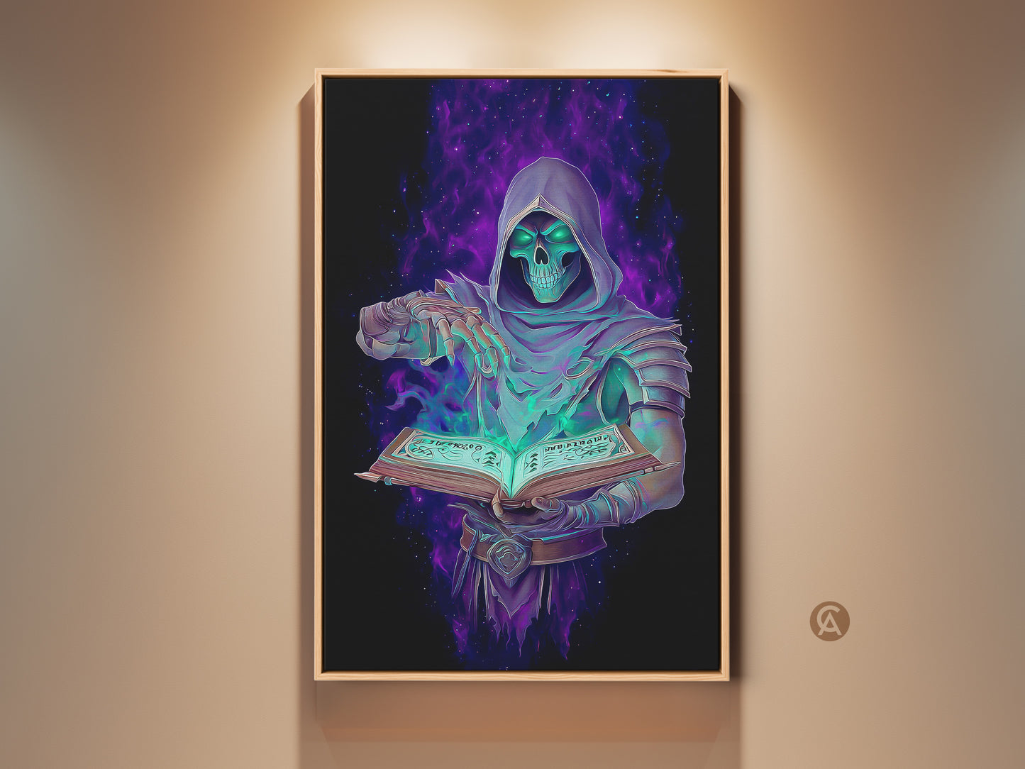 Experience gothic occult wall decor. This dark fantasy art print features a Grim Reaper with a spellbook. The emerald and purple digital art makes a great study room gift. It adds witchy aesthetic art to any space.