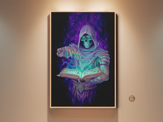 Experience gothic occult wall decor. This dark fantasy art print features a Grim Reaper with a spellbook. The emerald and purple digital art makes a great study room gift. It adds witchy aesthetic art to any space.