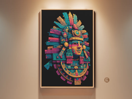 Framed Aztec Mask wall art. This colorful Aztec mask art is displayed in a wood frame. The artwork features vibrant blues yellows and pinks. This Aztec art is perfect for any room. Get yours today