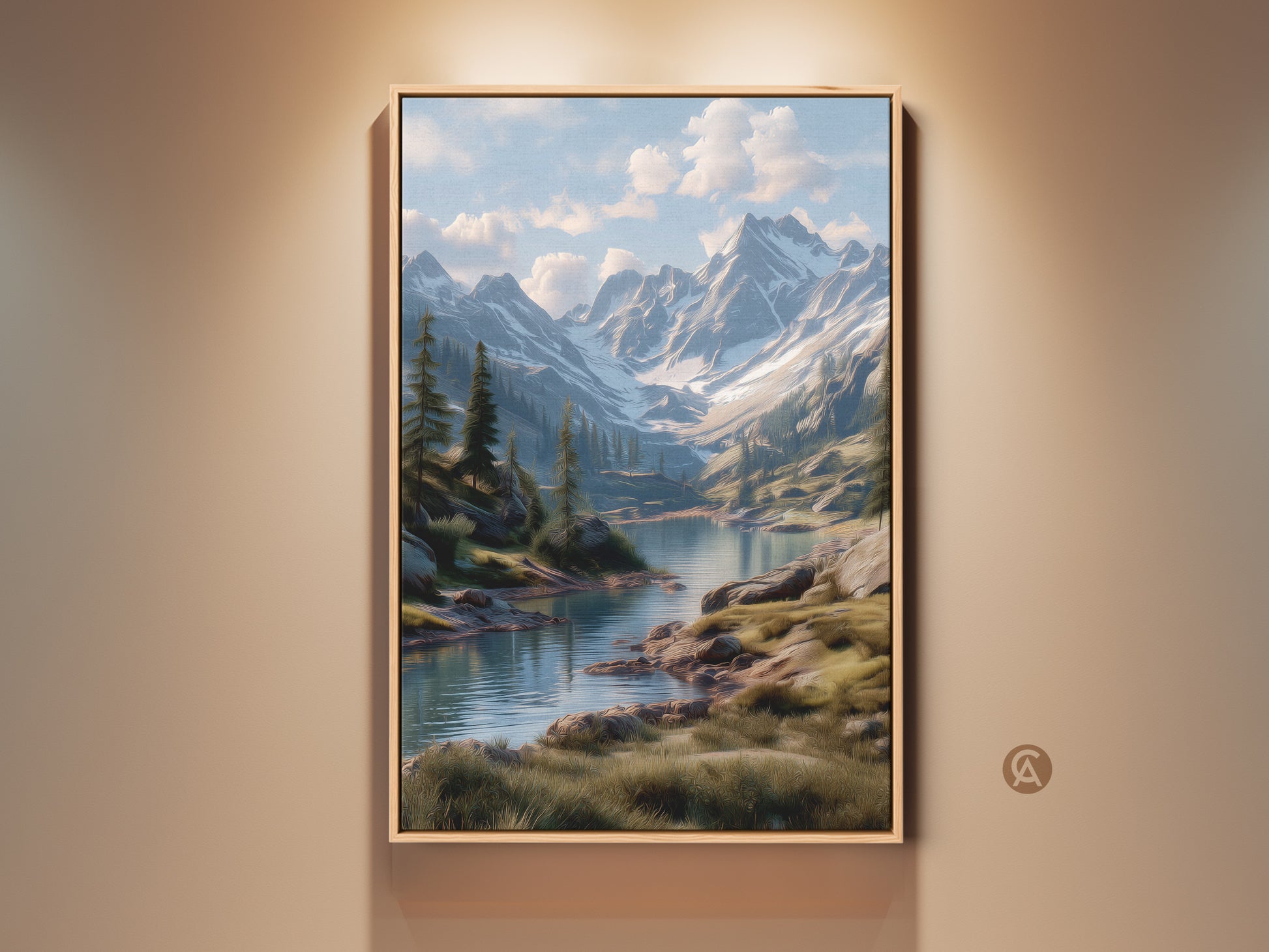 Gallery artwork featuring a serene mountain lake scene. The framed canvas art captures snow-capped peaks and lush trees. A tranquil landscape painting to elevate your space. This wall decor brings nature's beauty indoors. Perfect for adding a touch of peace to any room.