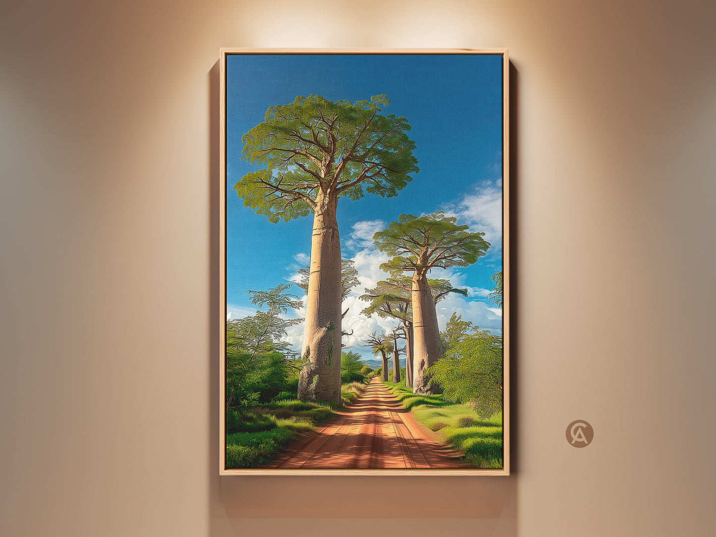 Framed boho Baobab tree canvas print in a naturally lit room. This African landscape wall art features a dirt road leading to iconic Baobab trees under a blue sky. It's a travel gift and nature artwork perfect for an entry hall.