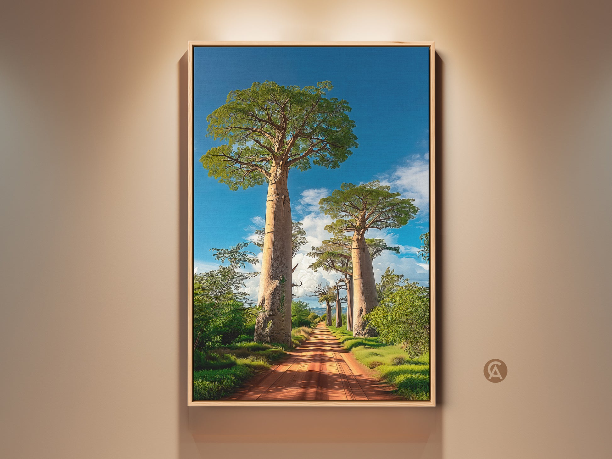 Framed boho Baobab tree canvas print in a naturally lit room. This African landscape wall art features a dirt road leading to iconic Baobab trees under a blue sky. It's a travel gift and nature artwork perfect for an entry hall.