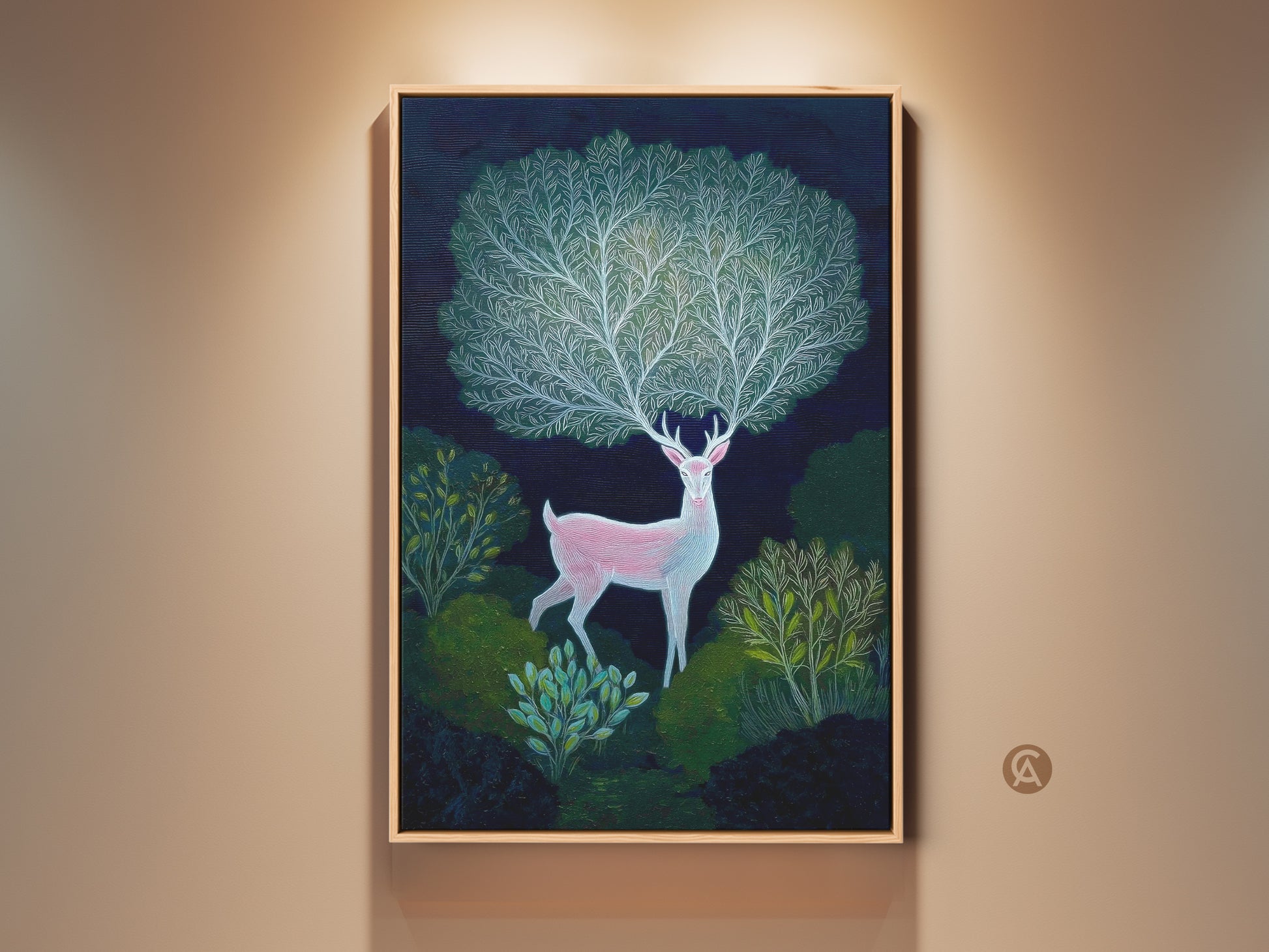 Framed indigo botanical art print featuring a fantasy pink deer in a lush forest. This boho forest scene wall decor makes a unique nature gift. The artwork adds a mythical touch to any room with rich indigo and emerald green tones.