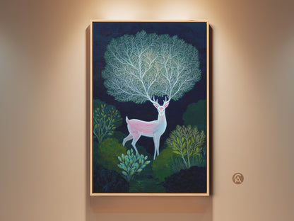 Framed indigo botanical art print featuring a fantasy pink deer in a lush forest. This boho forest scene wall decor makes a unique nature gift. The artwork adds a mythical touch to any room with rich indigo and emerald green tones.
