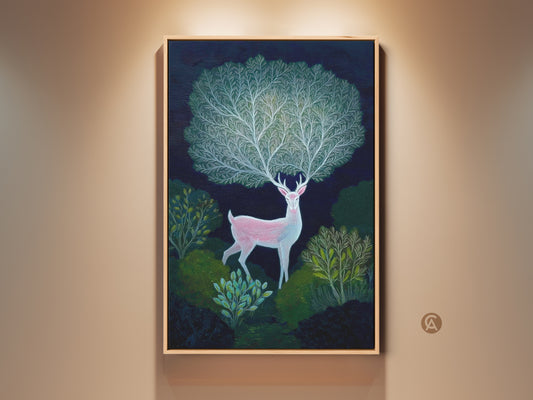 Framed indigo botanical art print featuring a fantasy pink deer in a lush forest. This boho forest scene wall decor makes a unique nature gift. The artwork adds a mythical touch to any room with rich indigo and emerald green tones.