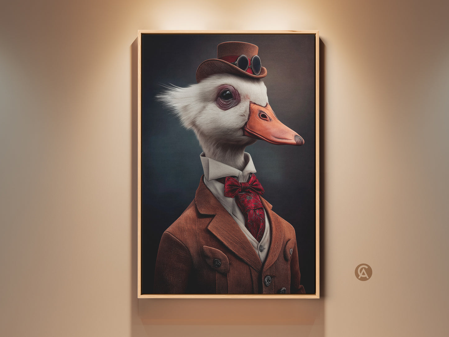 View of the top hat goose wall art. The print showcases a steampunk animal portrait. It is an eclectic office decor idea. See the Victorian canvas print. A unique gift for study and animal lovers.