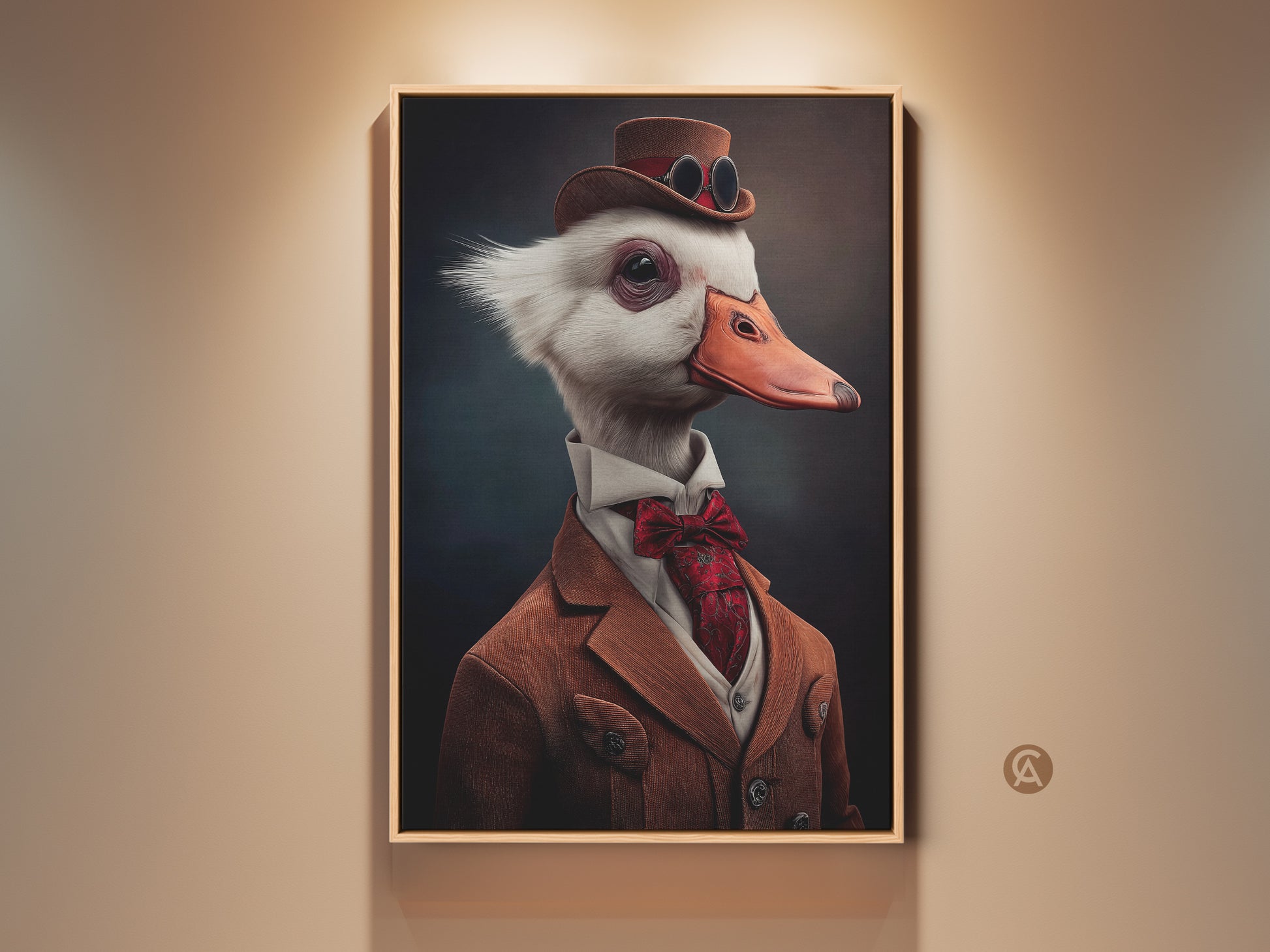 View of the top hat goose wall art. The print showcases a steampunk animal portrait. It is an eclectic office decor idea. See the Victorian canvas print. A unique gift for study and animal lovers.