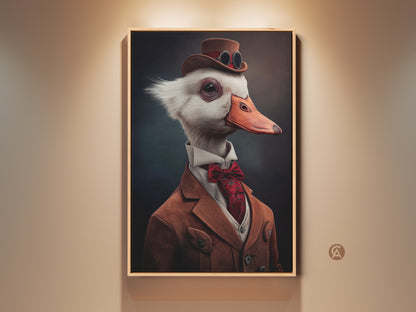 View of the top hat goose wall art. The print showcases a steampunk animal portrait. It is an eclectic office decor idea. See the Victorian canvas print. A unique gift for study and animal lovers.