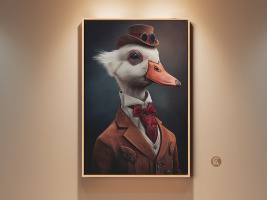 View of the top hat goose wall art. The print showcases a steampunk animal portrait. It is an eclectic office decor idea. See the Victorian canvas print. A unique gift for study and animal lovers.